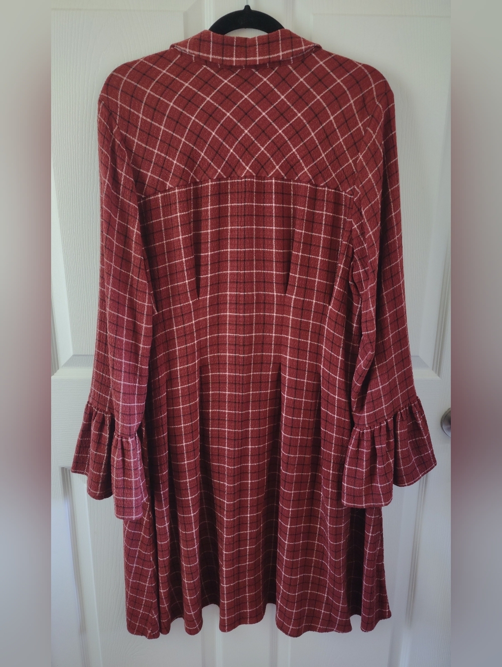 TORRID SIZE 1 / 1X Brown Plaid Gauze Long Bell Sleeve Mini Shirt Dress, Buttons - Picture 3 of 8